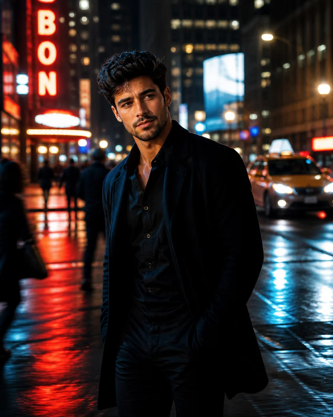 A Cinematic Street Scene at Night in a Modern City
