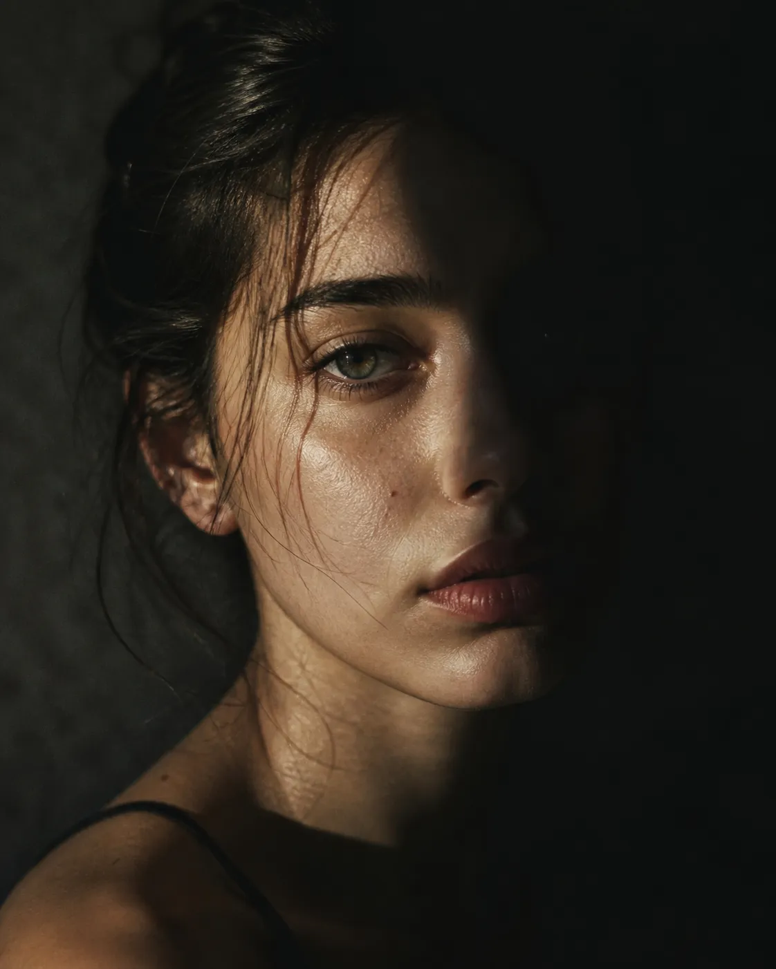 Cinematic Close-up Portrait of a Person’s Face in a Dark Environment