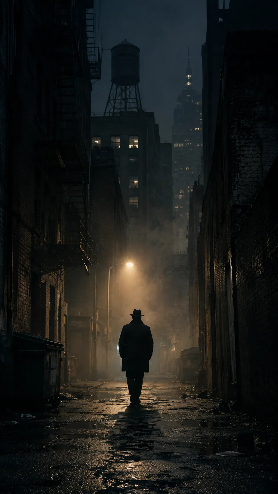 Silhouette Walking Through Foggy City Alley at Dusk