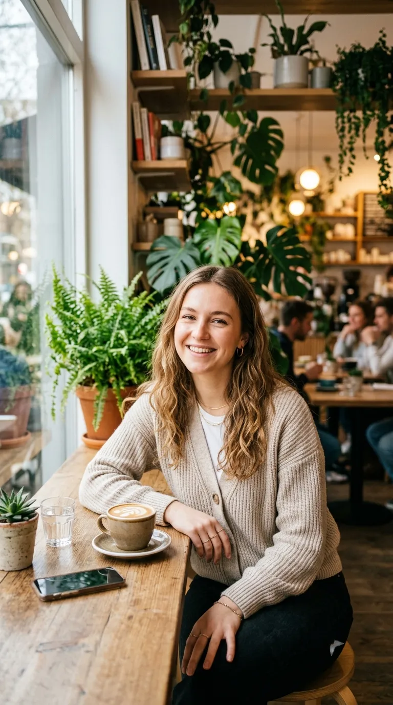 Influencer Posing Casually in Bright Modern Cafe