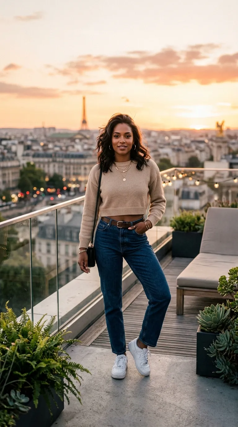 Model Posing on Rooftop at Sunset with City Skyline