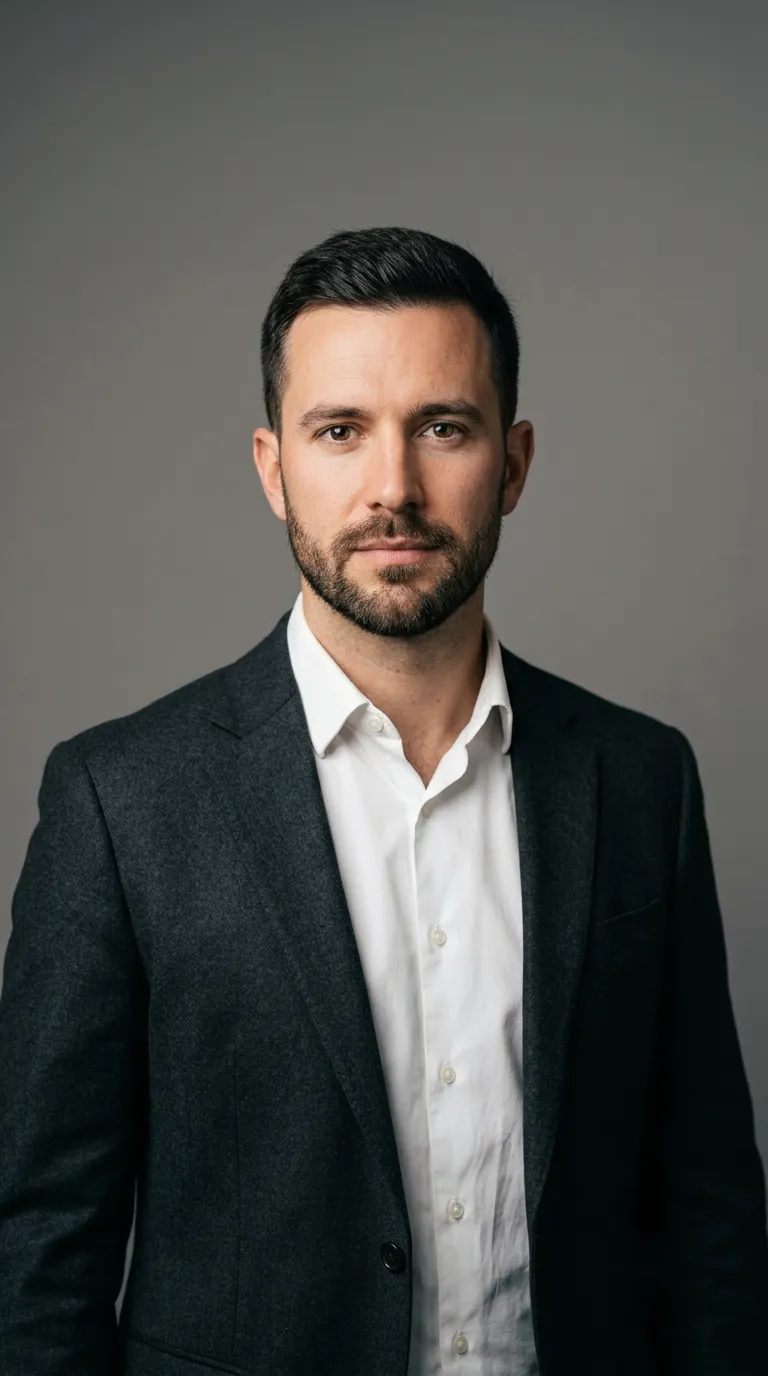 Male Portrait with Sharp Studio Lighting and Neutral Backdrop