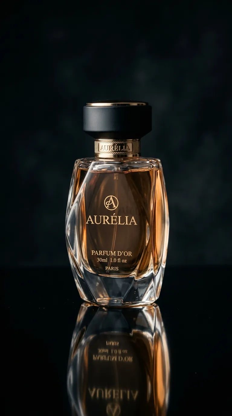 Perfume Bottle on Reflective Surface with Dramatic Lighting
