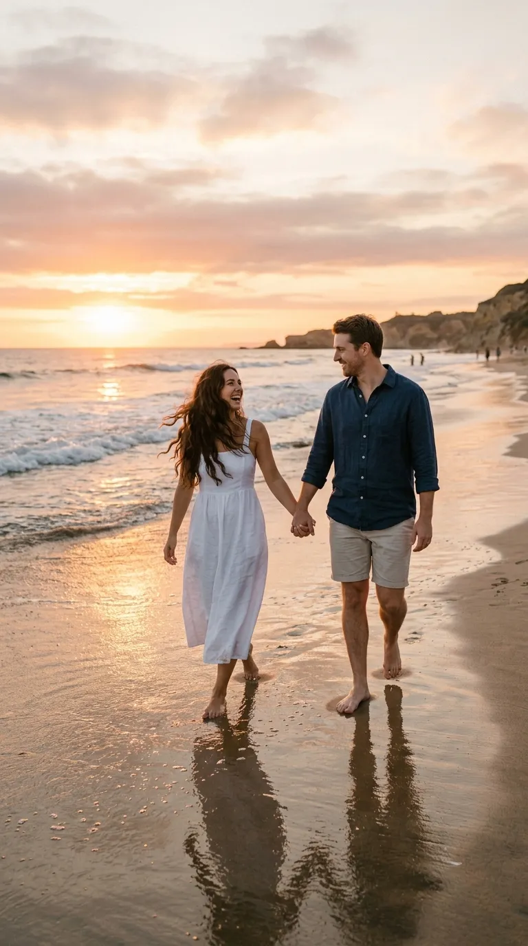 Couple Walking Hand in Hand Along a Sunset Beach