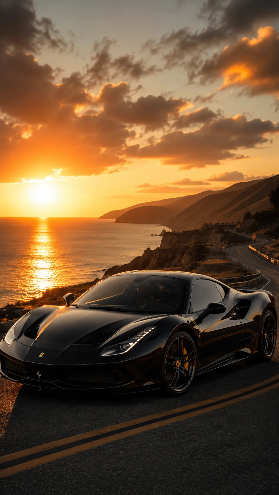 Luxury Sports Car Parked on Coastal Road at Sunset