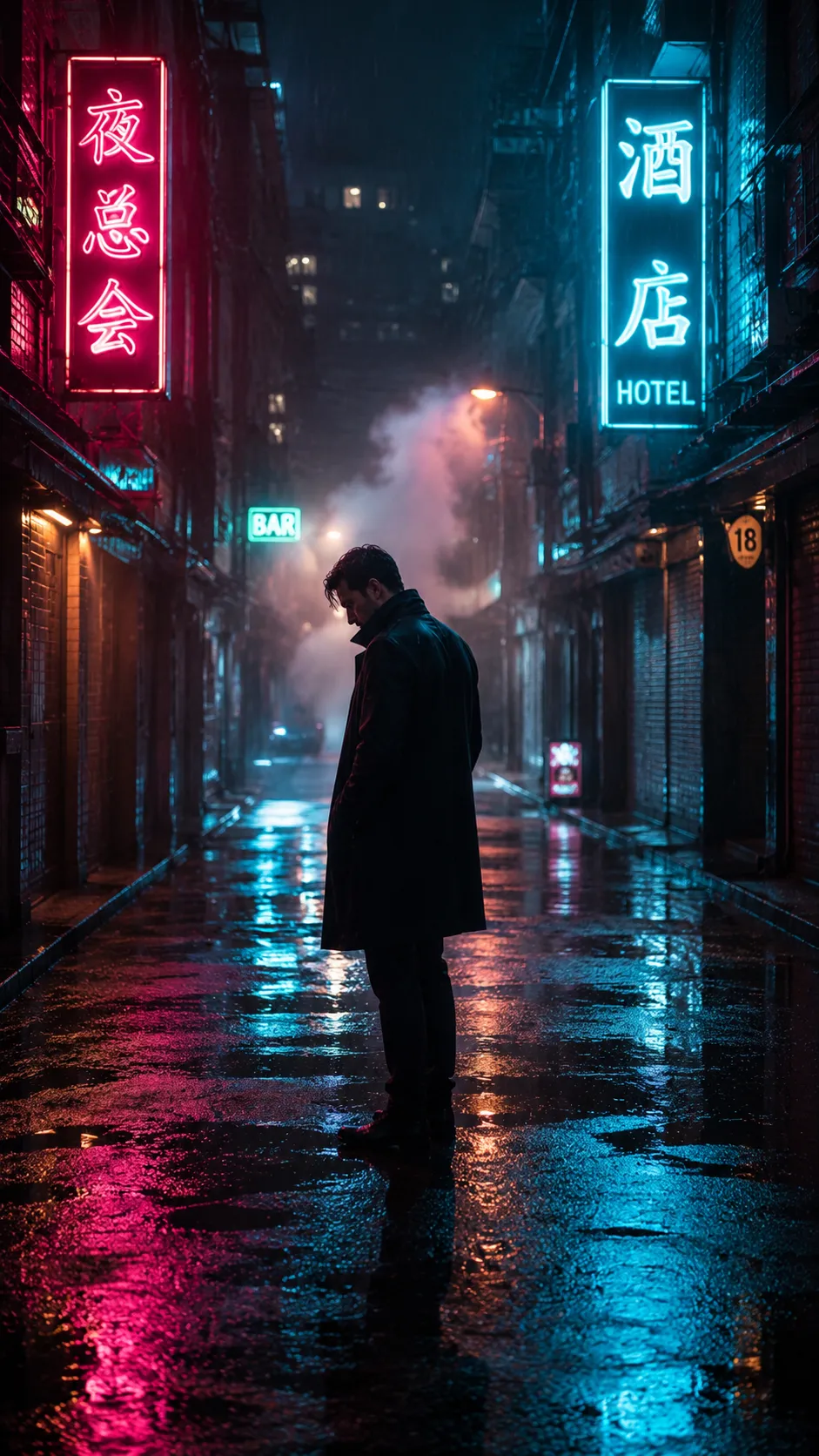 Man Standing in Rain-lit Neon Alley, Vertical Shot