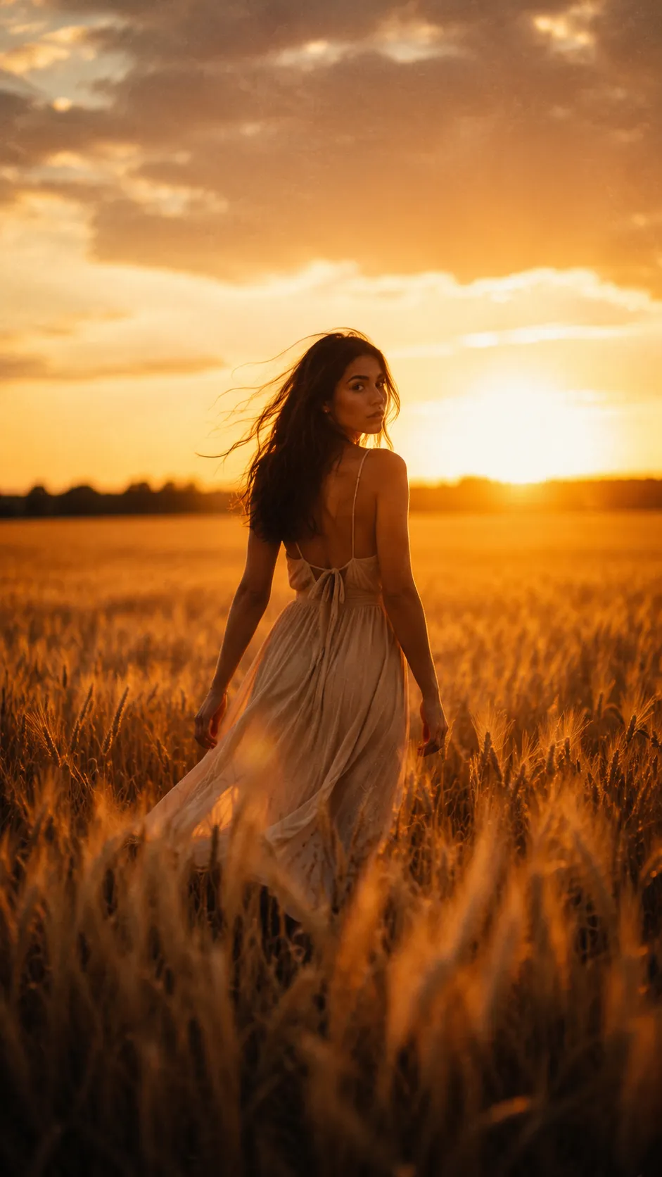 Woman Walking Through Golden Wheat Field, Vertical Shot