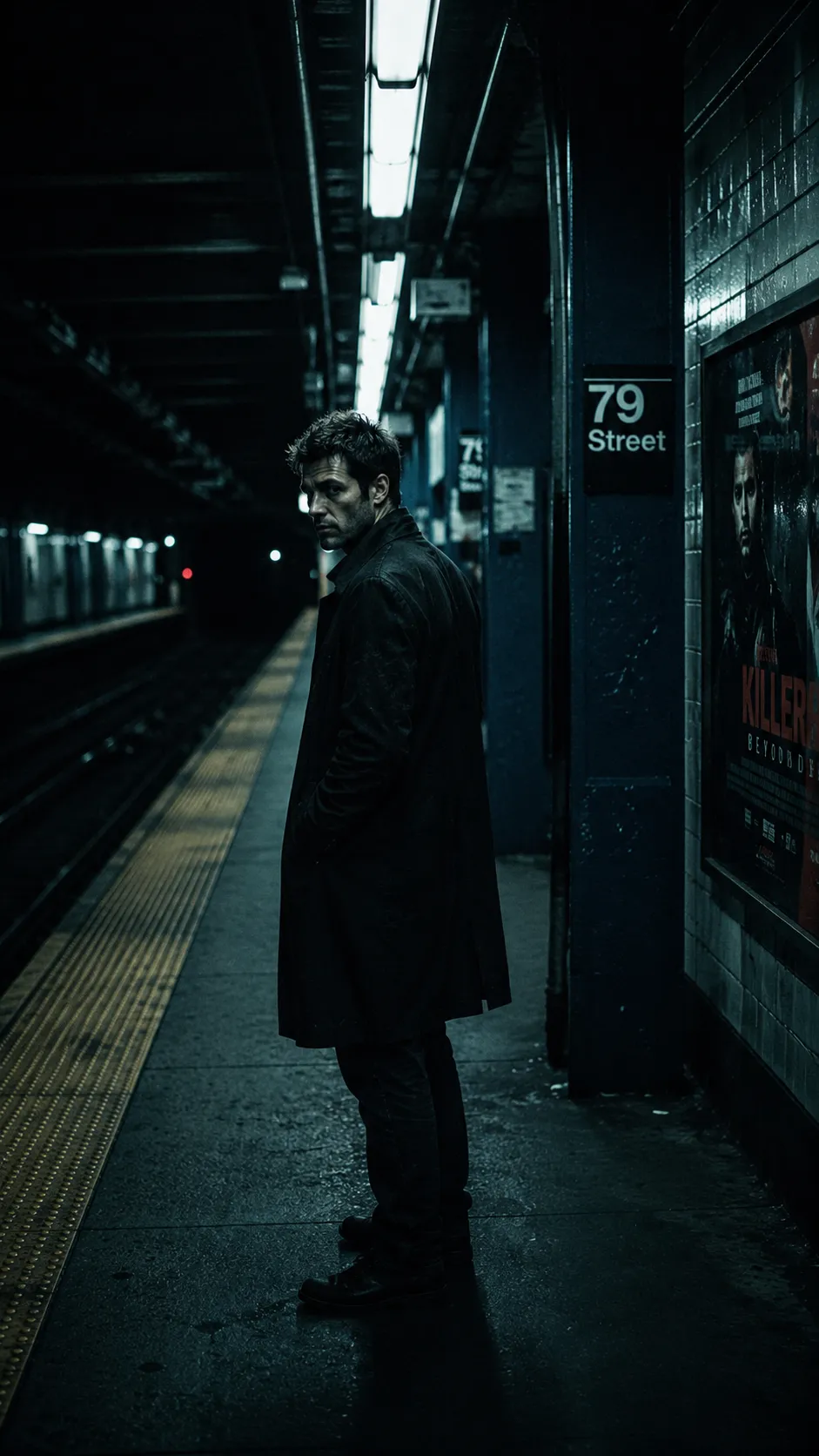 Man Standing on Subway Platform Under Flickering Light