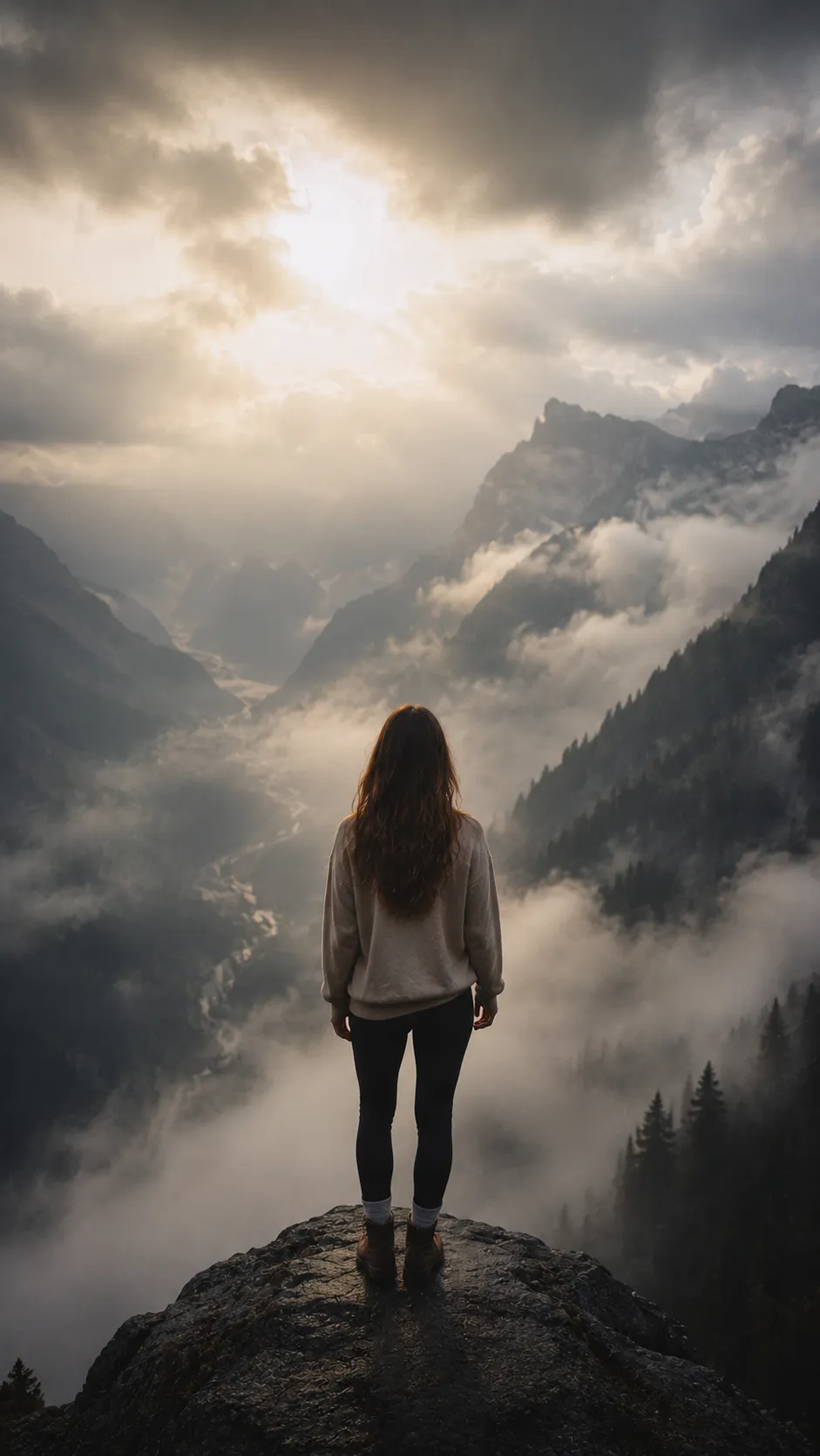Woman Standing at Cliff Edge Overlooking Misty Valley