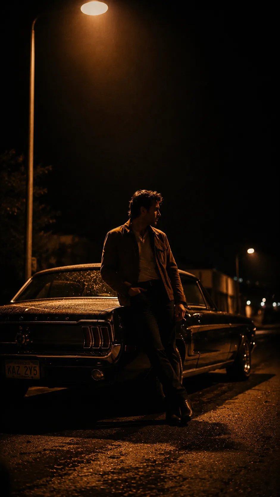 Man Leaning Against Vintage Car Under Streetlight at Night