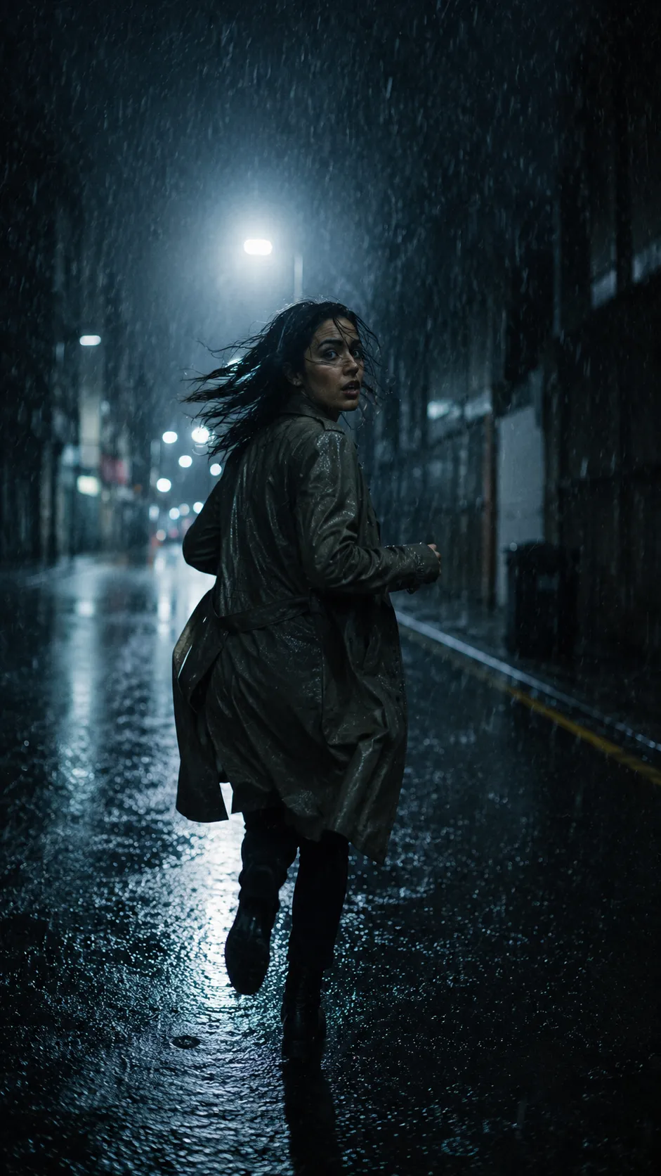 Woman Running Through Rain on Empty City Street