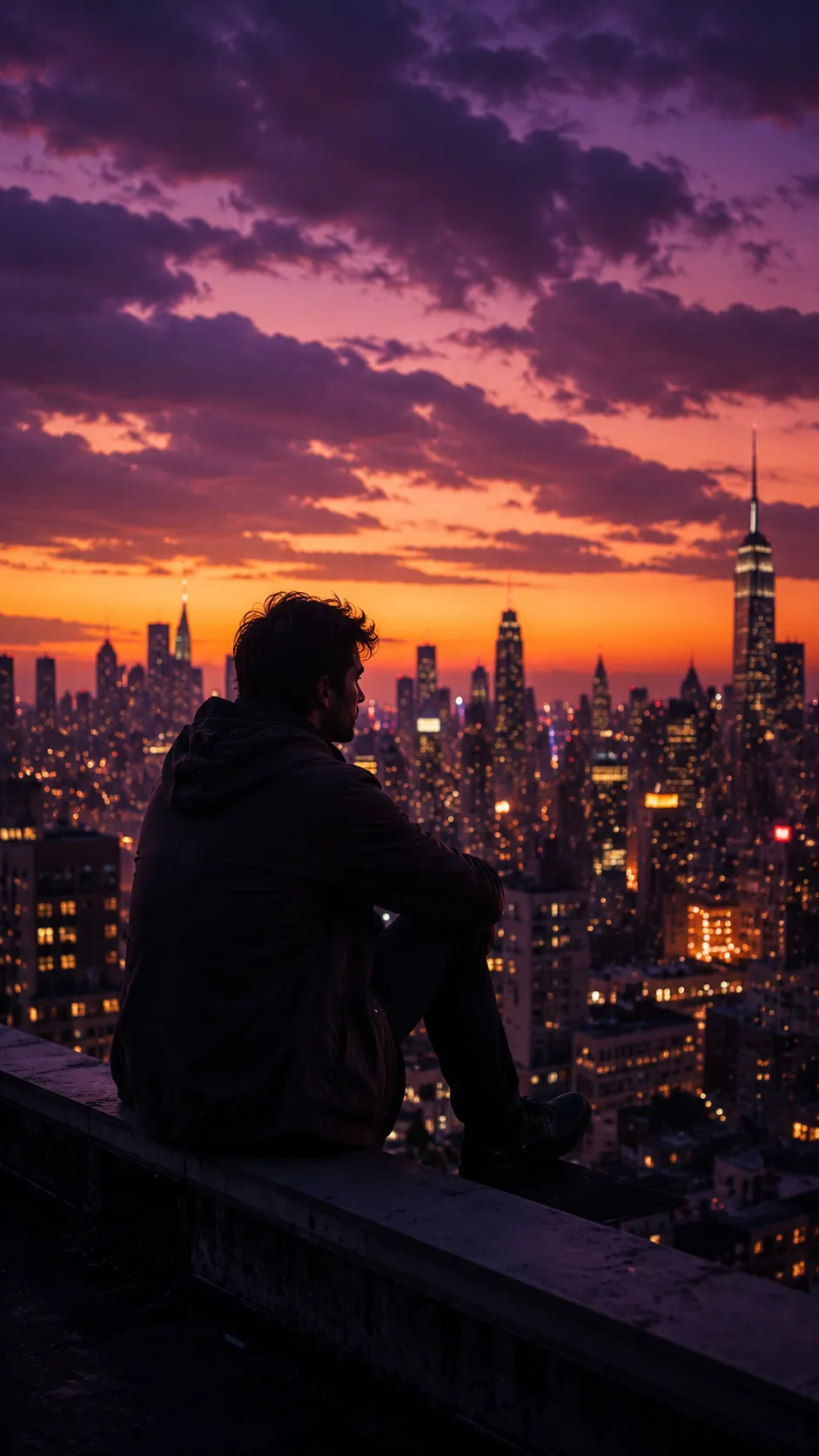 Man Sitting on Rooftop Ledge Overlooking City Skyline at Dusk
