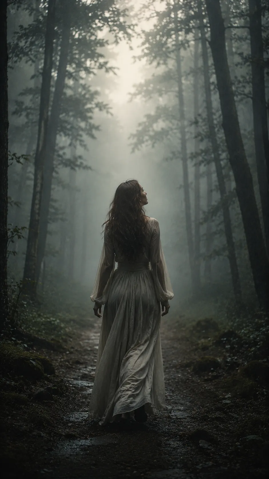 Woman Walking Through Foggy Forest Path, Backlit