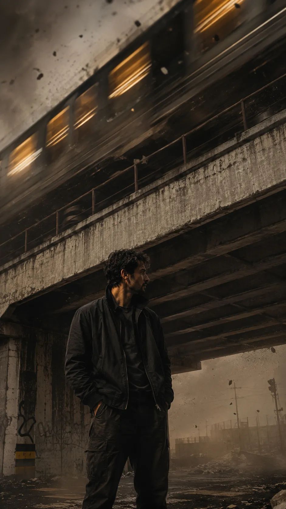 Man Standing Under Bridge as Train Passes Overhead