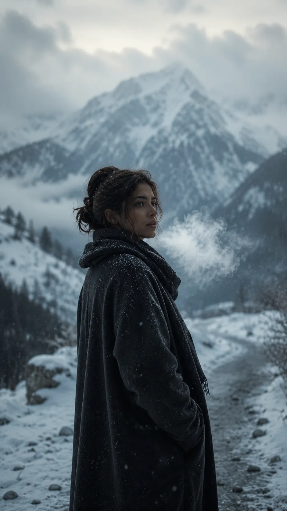 Woman Standing on Snowy Mountain Path Wrapped in Coat
