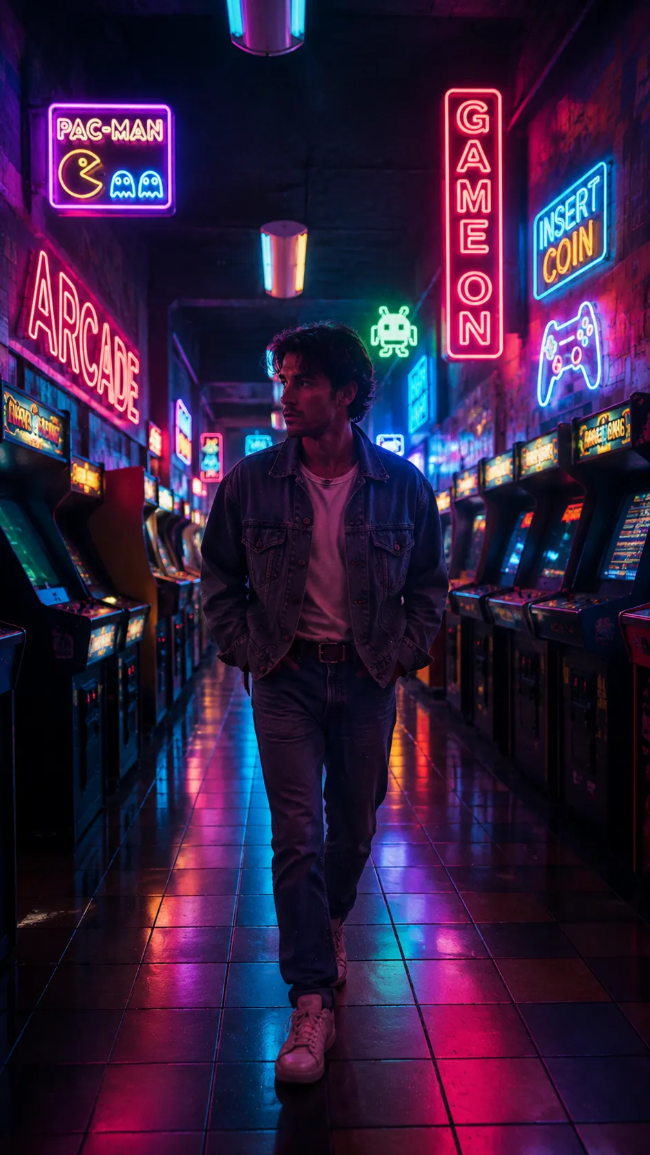 Man Walking Through Arcade Hallway Lit by Colorful Signs