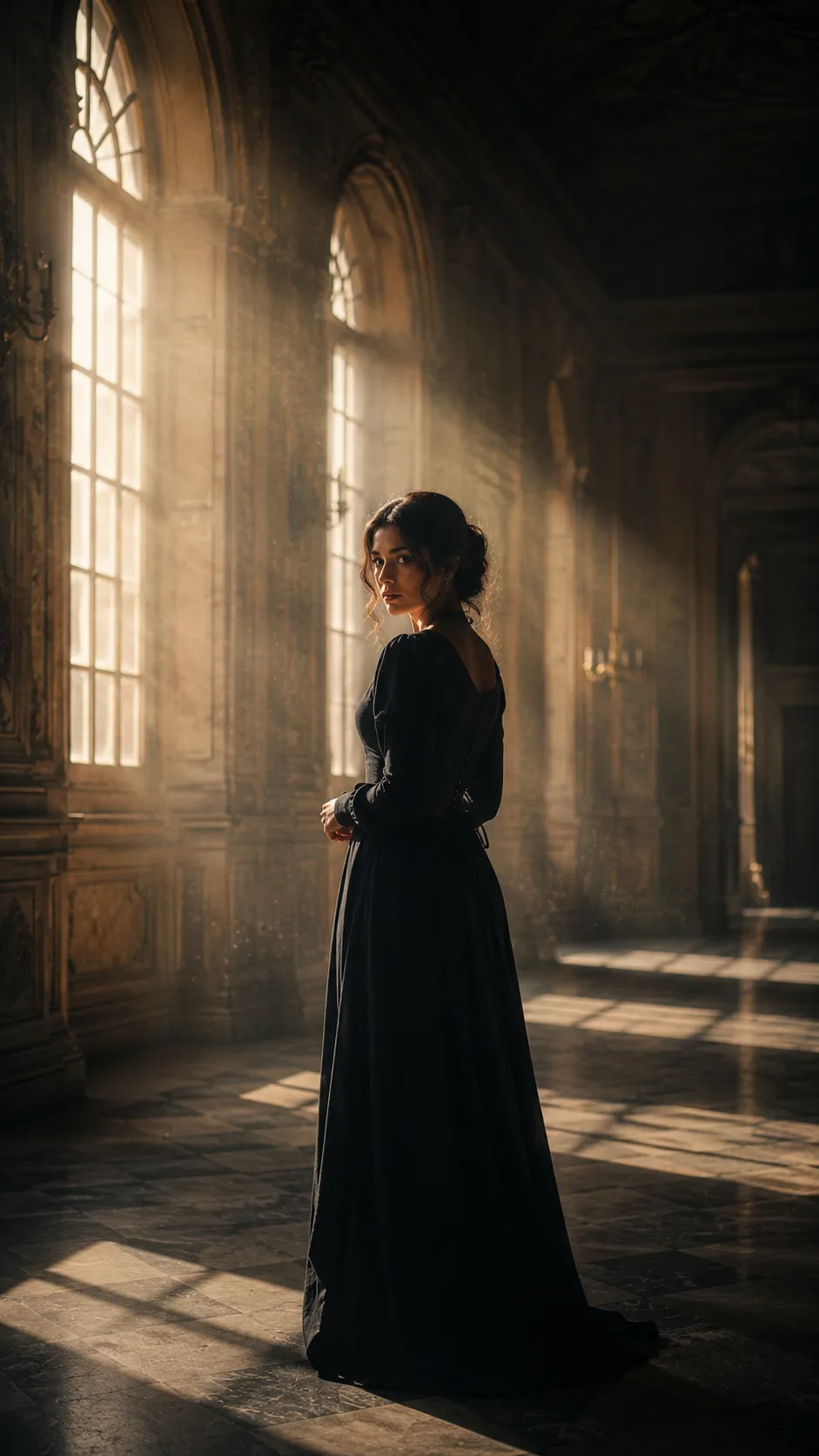 Woman Standing in Empty Grand Hallway with Dramatic Light