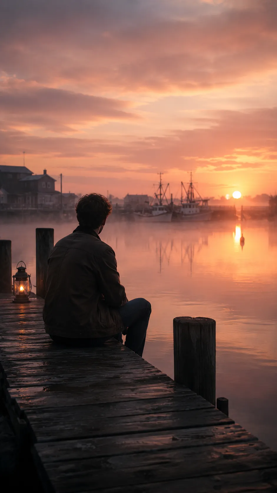 Man Sitting on Old Wooden Dock at Sunrise Over Harbor
