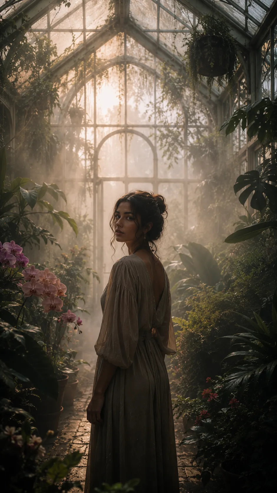 Woman Standing in Greenhouse Filled with Soft Mist