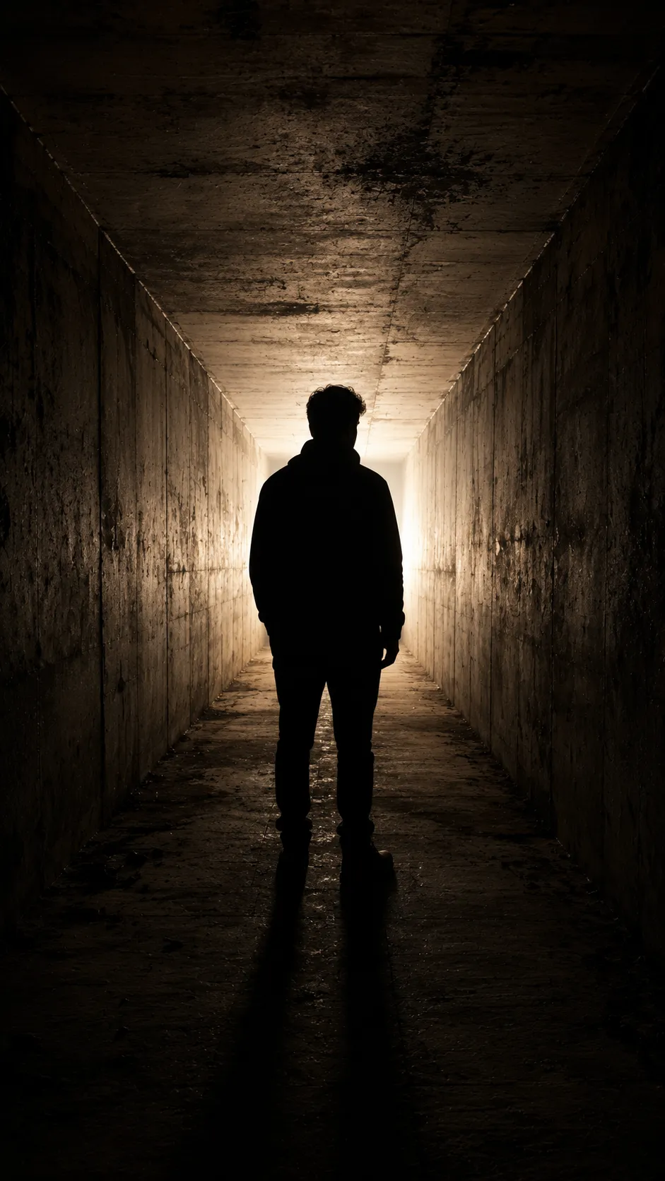 Man Standing in Narrow Tunnel with Light at the End