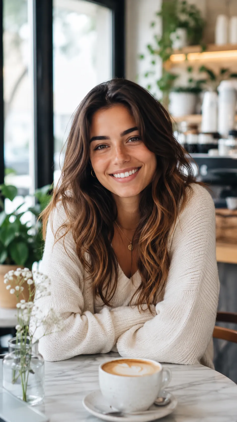 Woman Smiling Directly at Camera in Bright Cafe, Face Clearly Visible