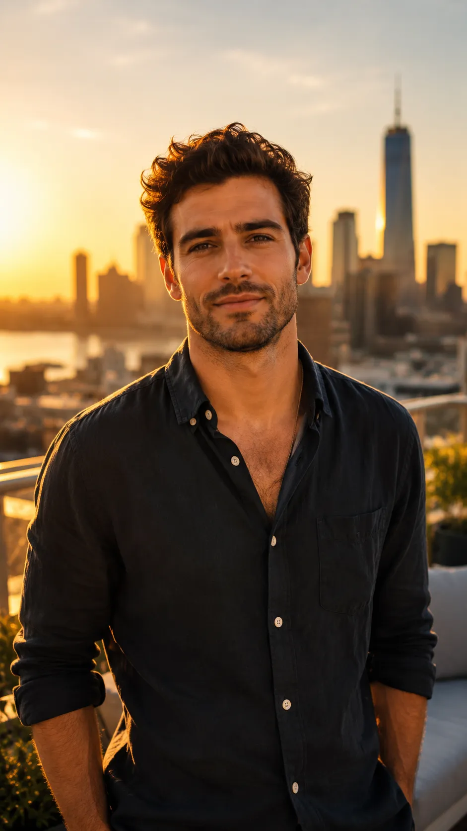 Man Posing Confidently on Rooftop, Face Clearly Visible