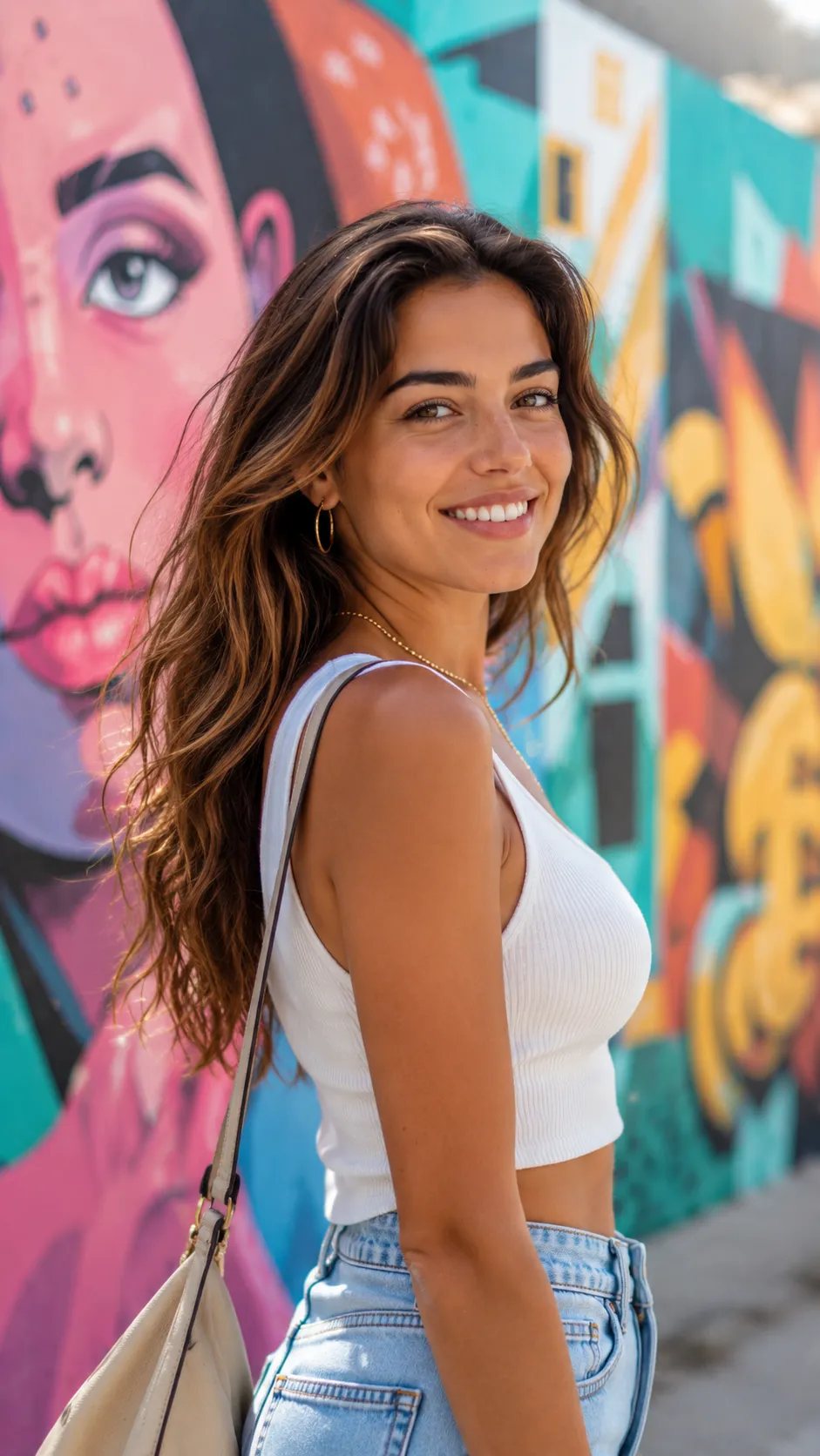 Woman Posing in Front of Colorful Street Mural, Face Visible