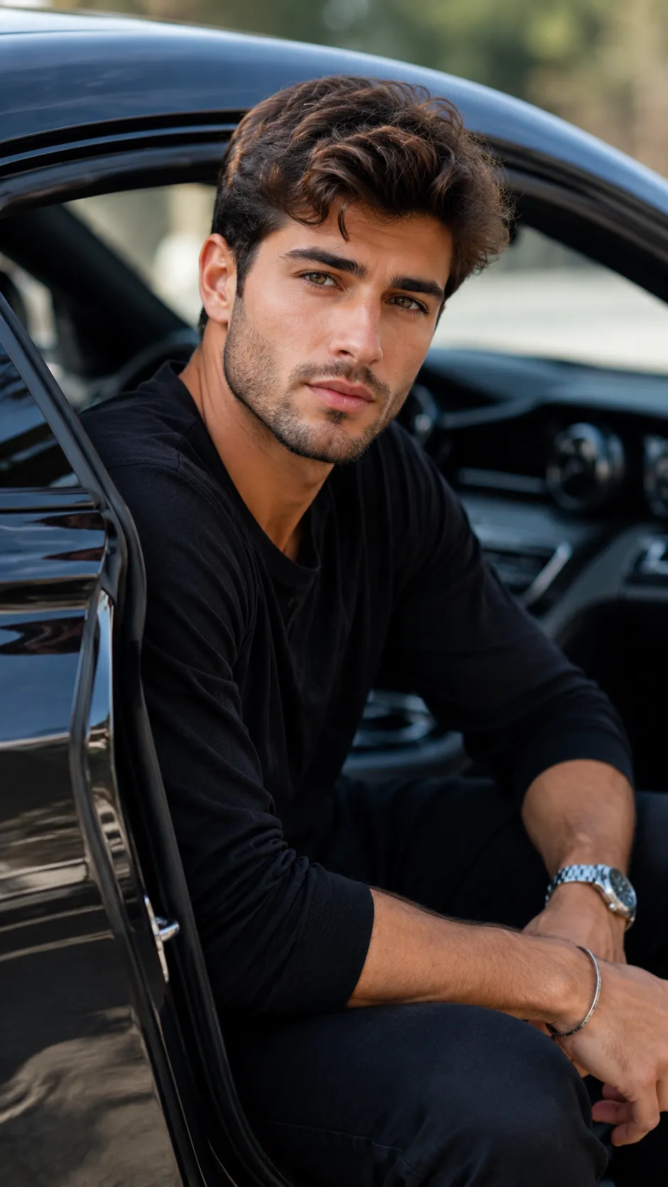 Man Sitting in Car with Door Open, Face Clearly Visible