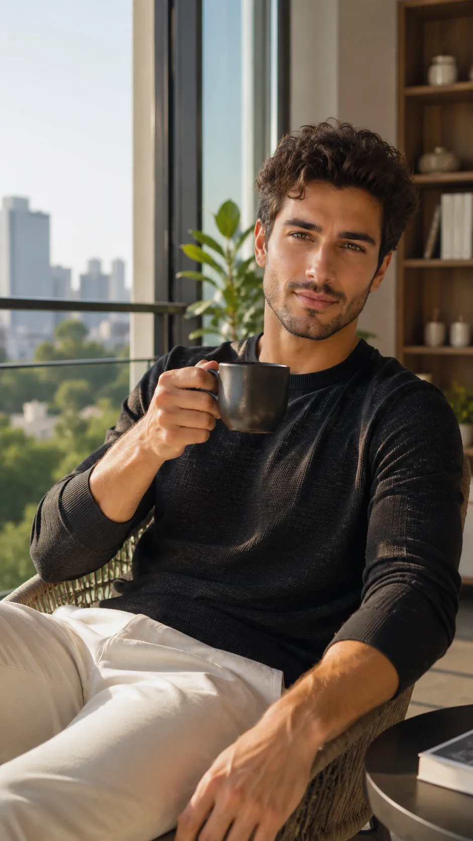 Man Relaxing on Balcony with Coffee, Face Clearly Visible