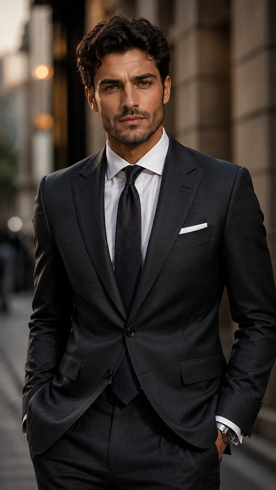 Man in Tailored Suit Against Urban Backdrop, Face Visible