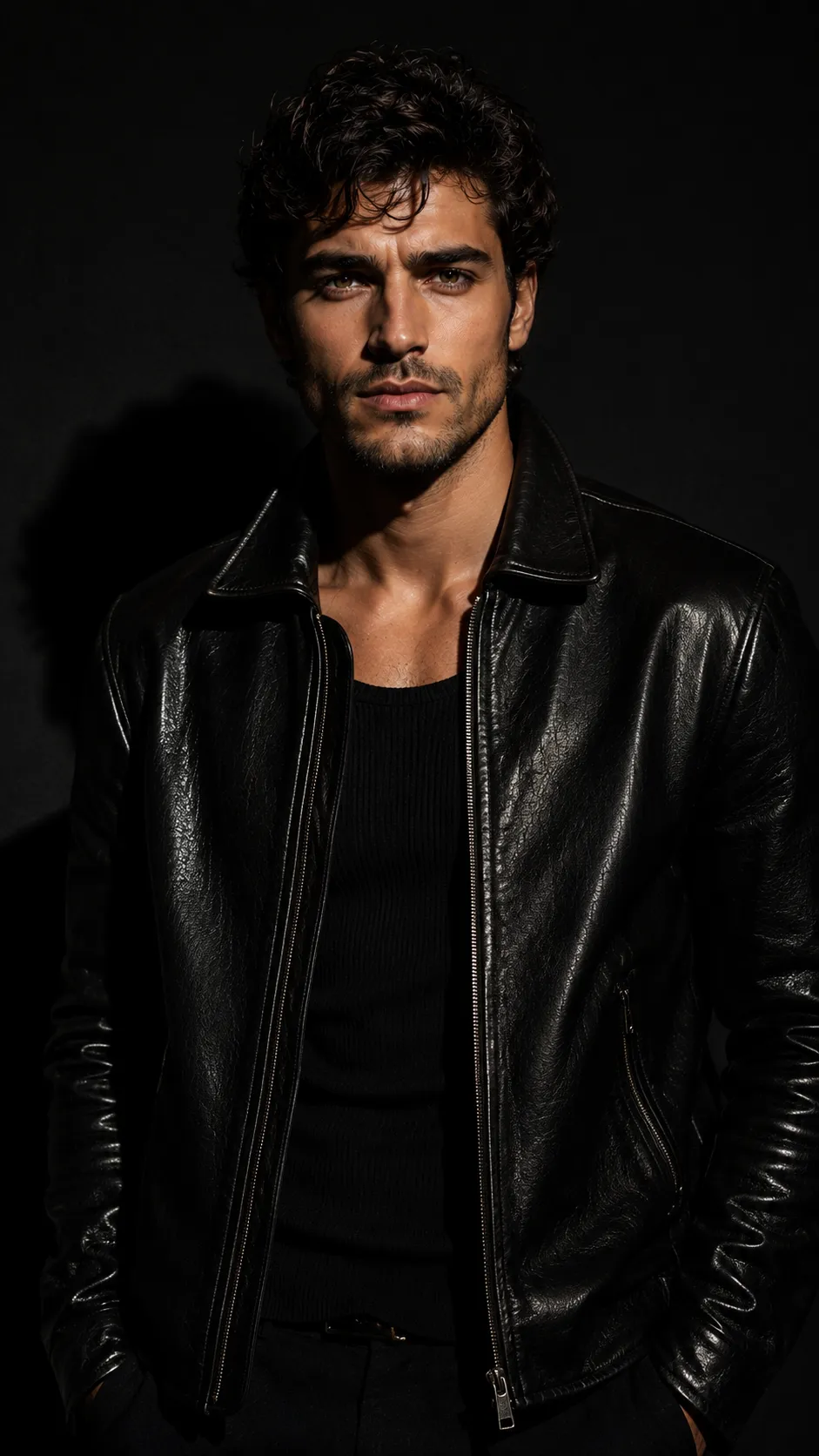 Man in Leather Jacket Under Dramatic Studio Light, Face Visible