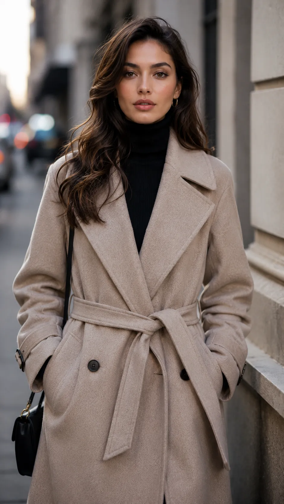 Woman in Structured Coat on City Street, Face Clearly Visible