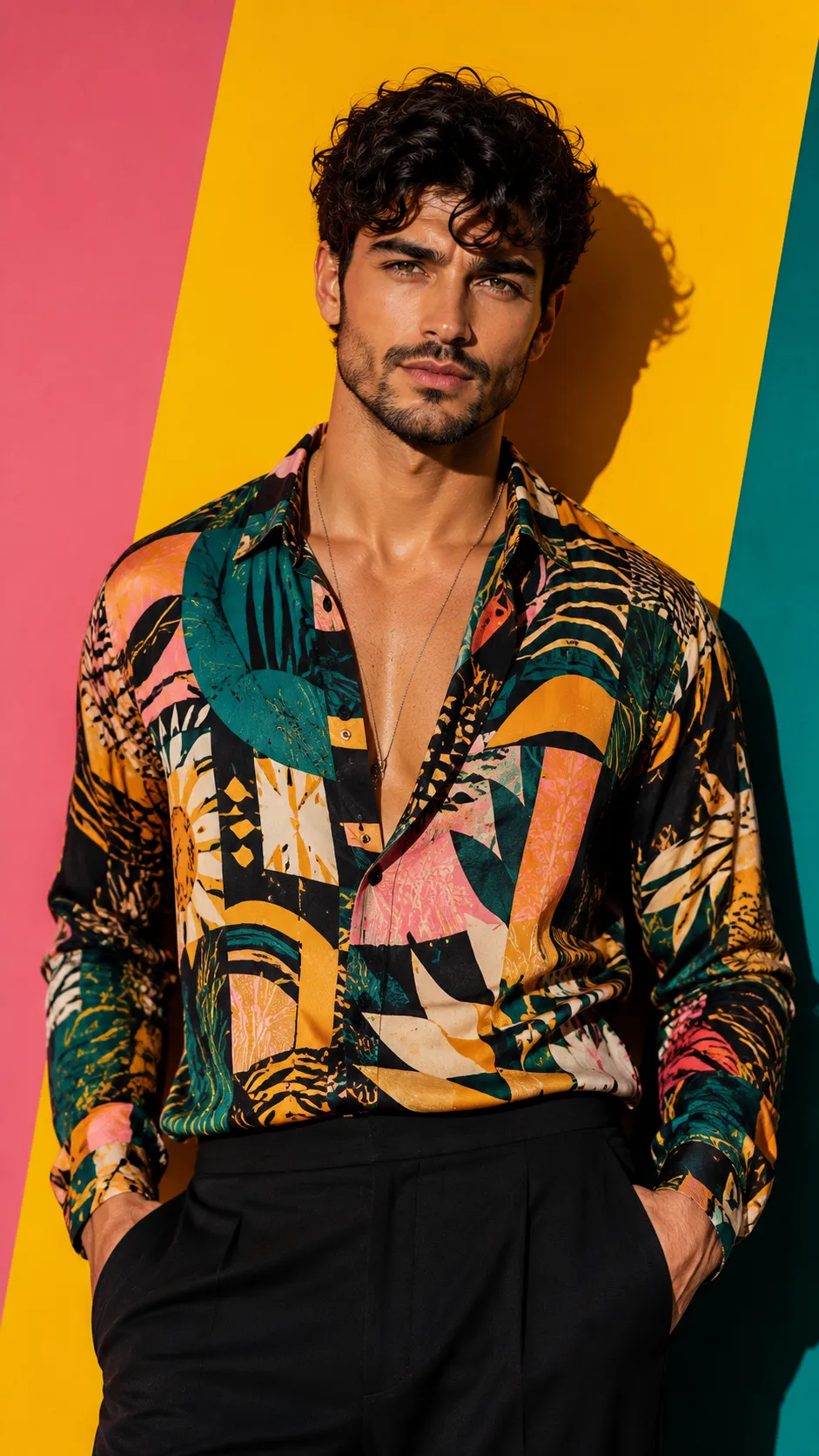 Man in Patterned Shirt Against Colorful Backdrop, Face Visible