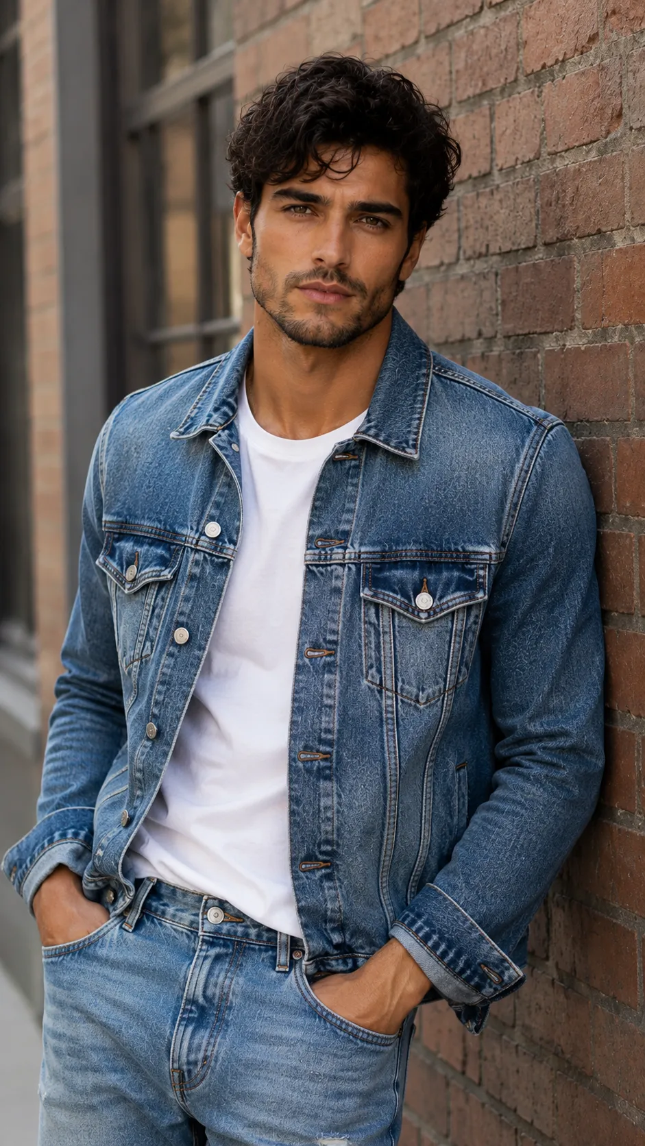 Man in Casual Denim Outfit Against Brick Wall, Face Visible