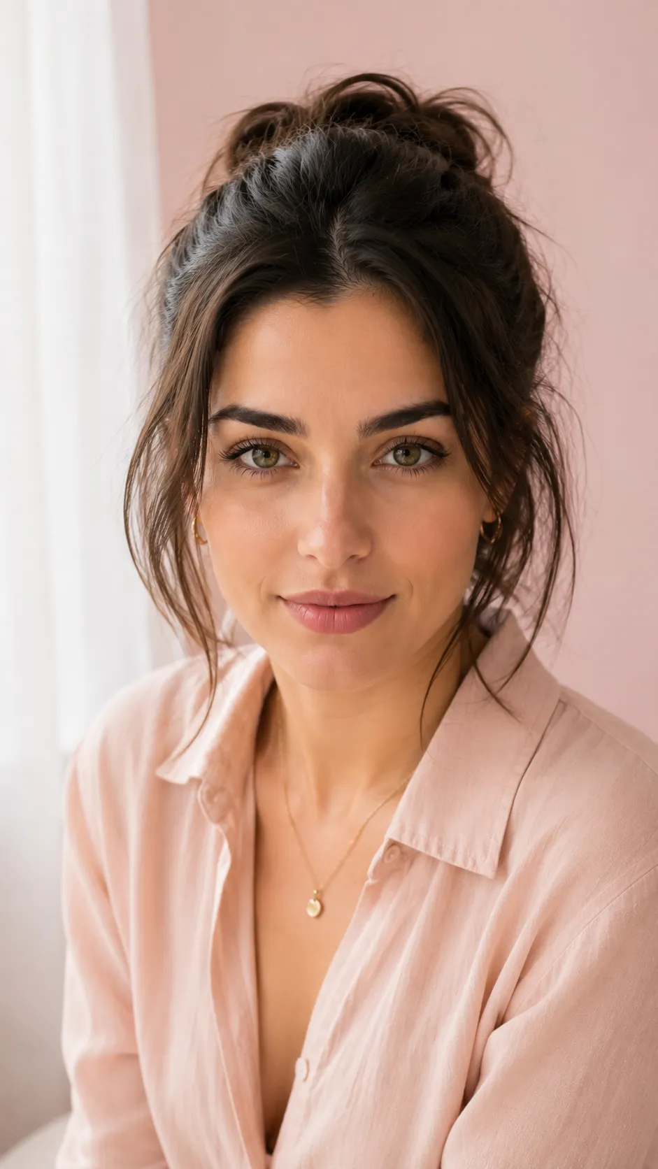 Woman in Soft Pastel Setting, Face Fully Visible and in Focus