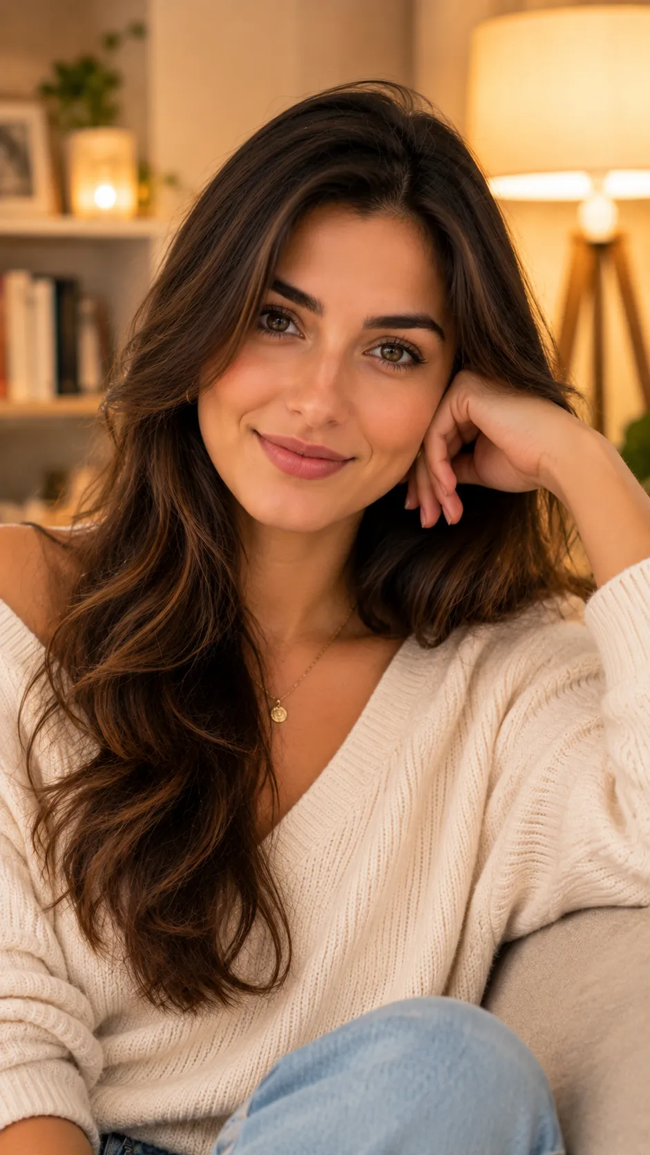 Woman in Cozy Indoor Setting, Face Clearly Lit and Visible