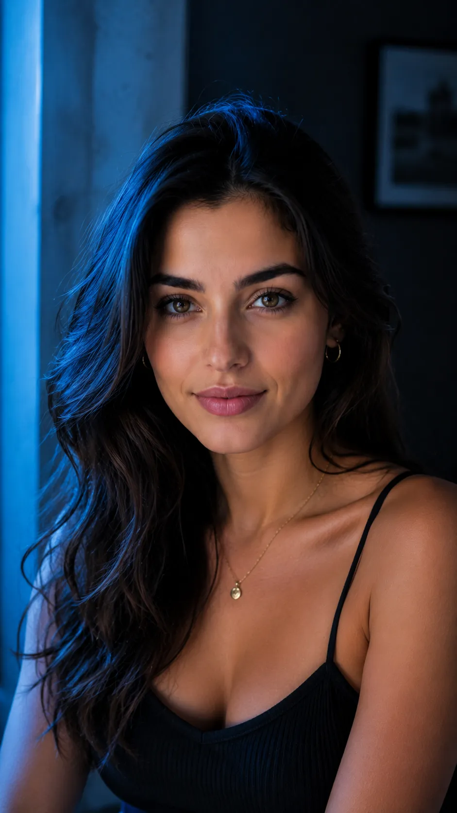 Woman in Soft Blue-toned Light, Face Clearly Visible