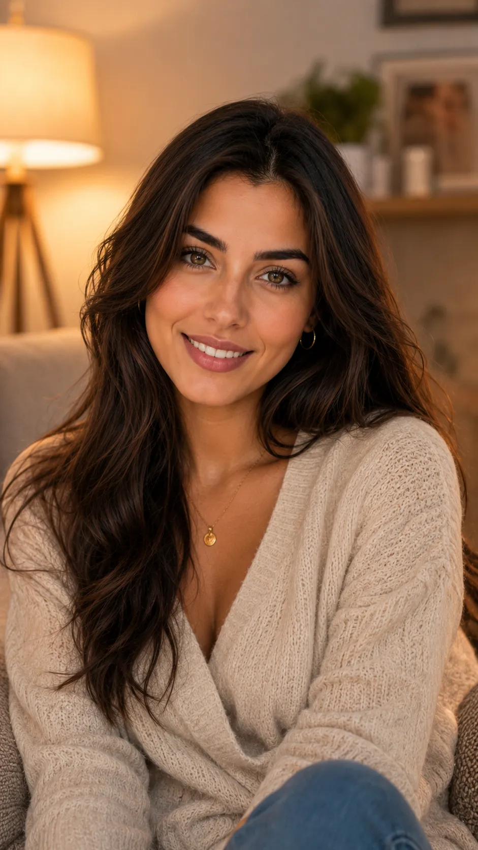 Woman in Cozy Indoor Setting, Face Clearly Lit and Visible