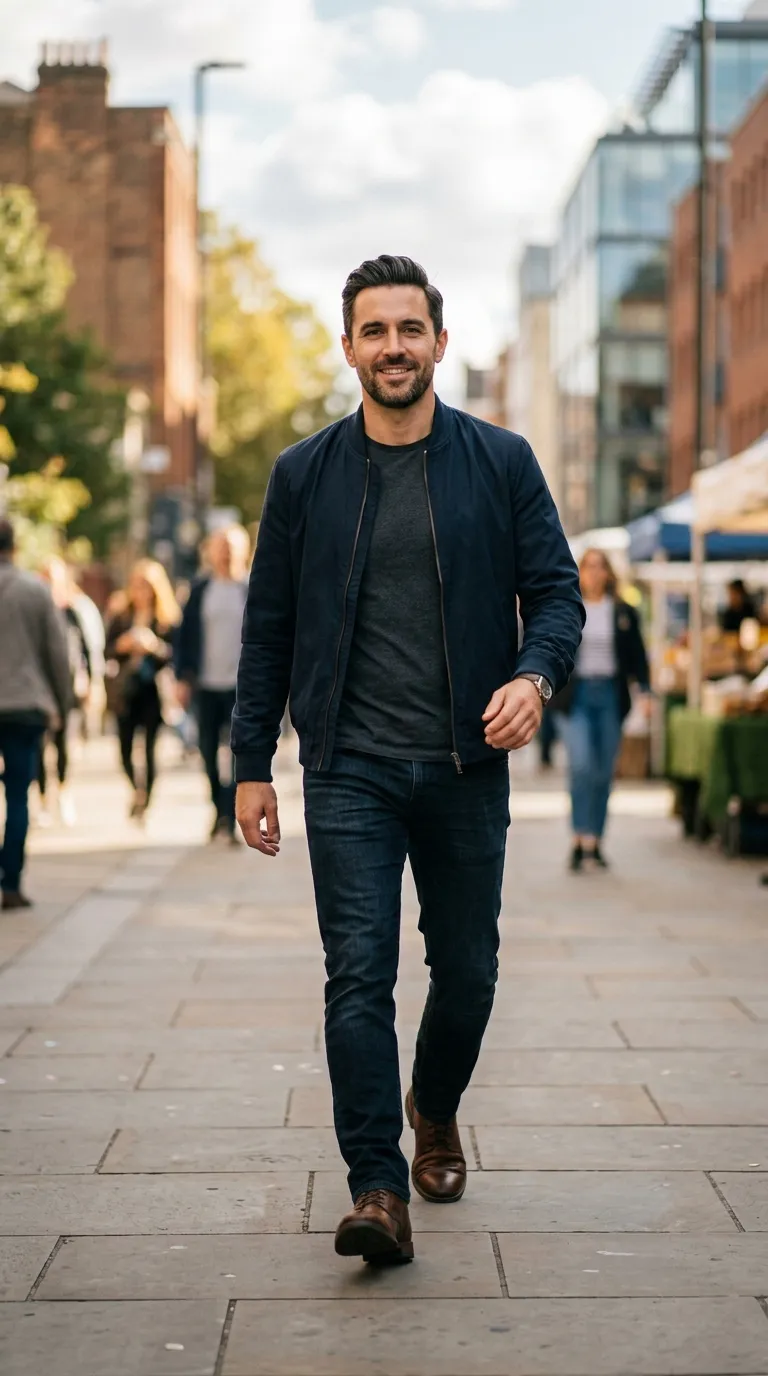 Man Walking Toward Camera Mid-stride, Face Clearly Visible