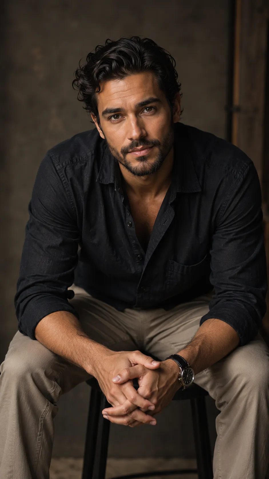 Man Sitting on a Stool Leaning Forward, Face Fully Visible