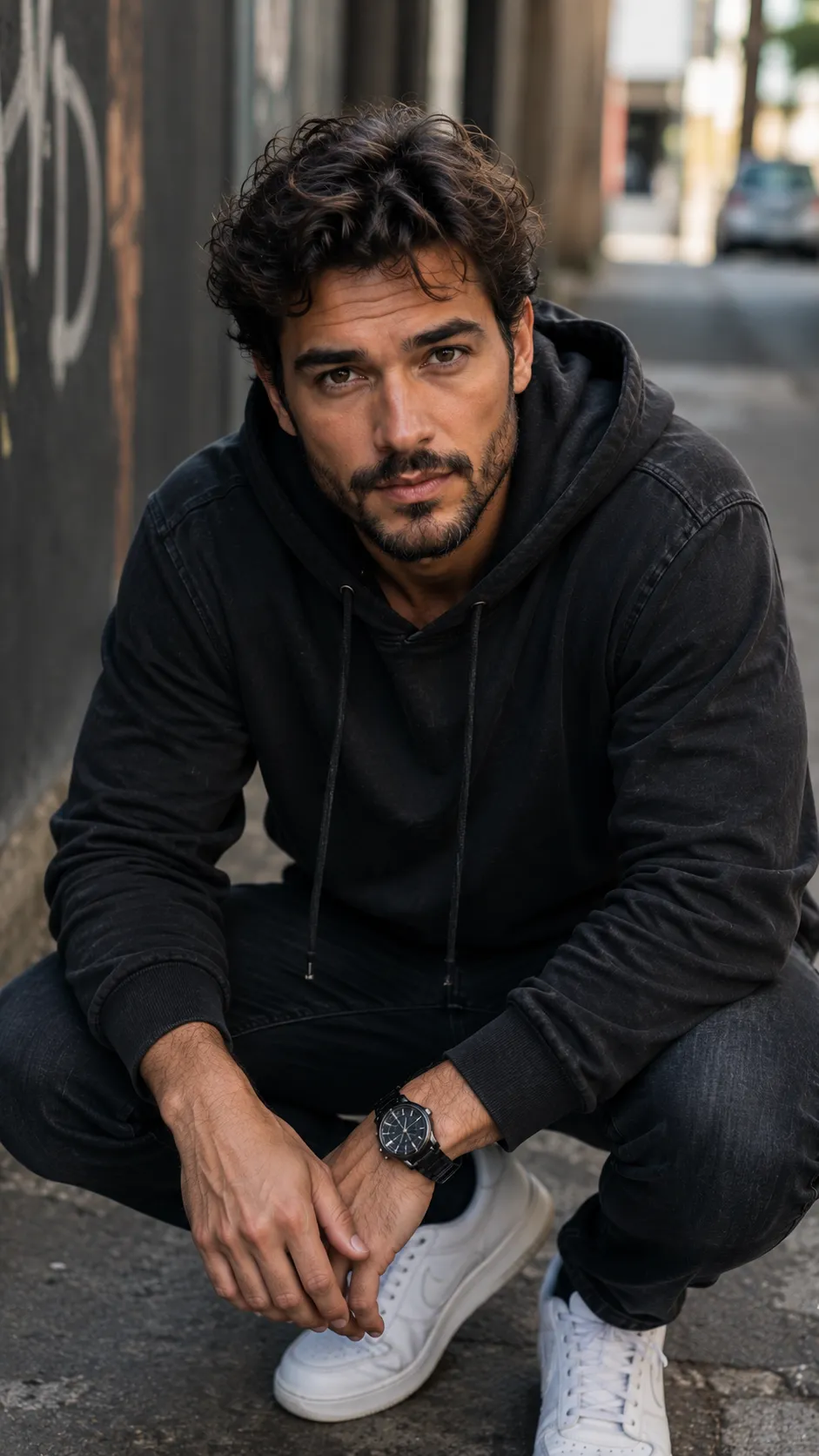 Man Crouching Low with Elbows on Knees, Face Visible