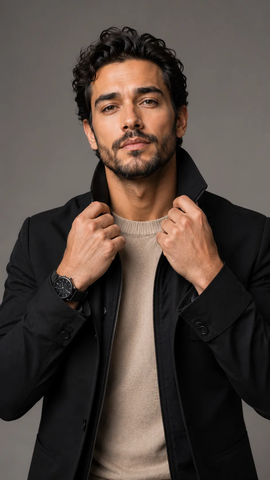 Man Adjusting His Jacket Collar, Face Clearly Visible