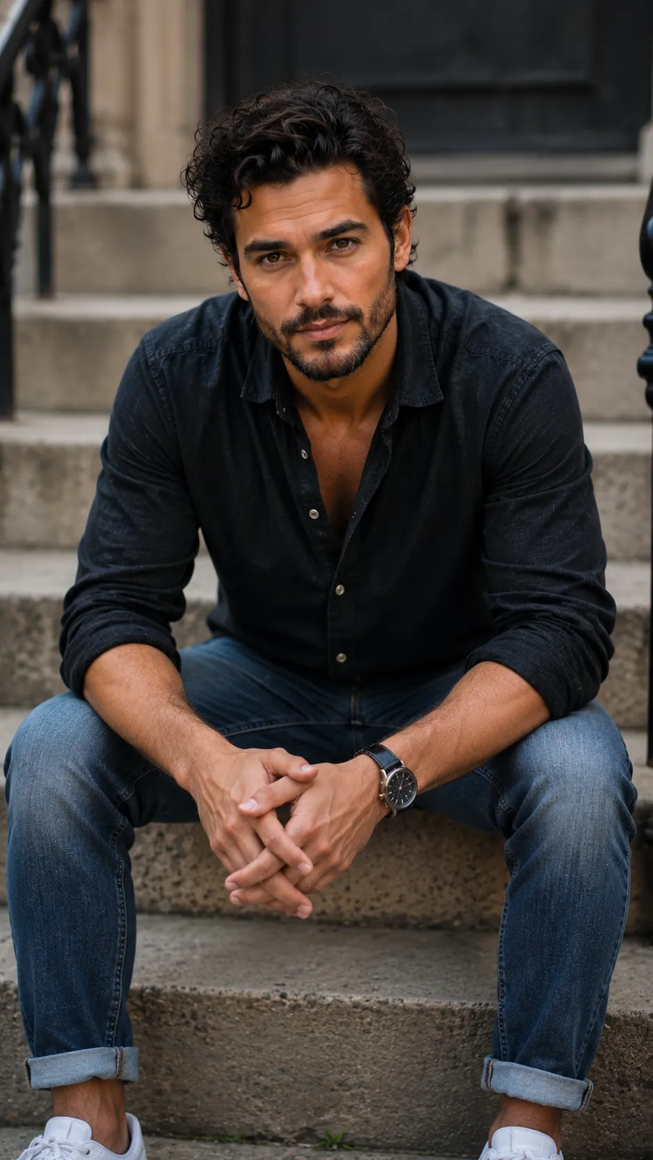 Man Sitting on Steps with Hands Clasped, Face Visible