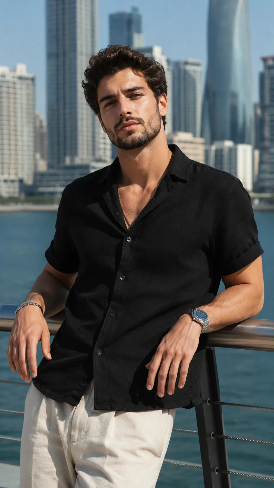 Man Leaning Back Against Railing, Face Clearly Visible