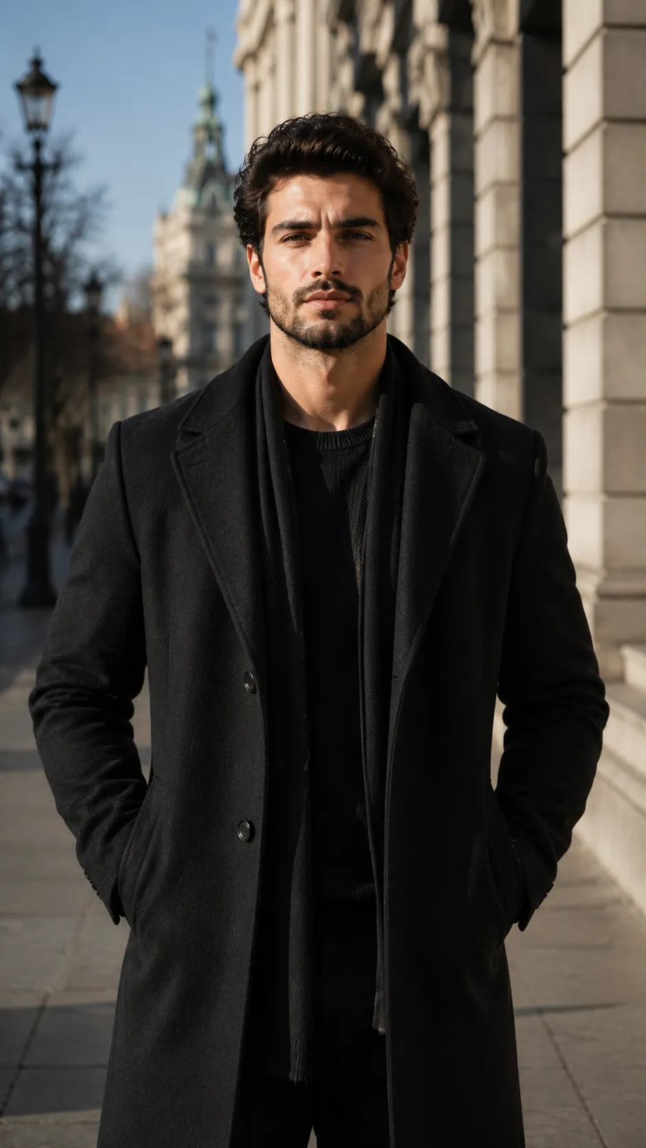 Man Standing with Hands in Coat Pockets, Face Visible