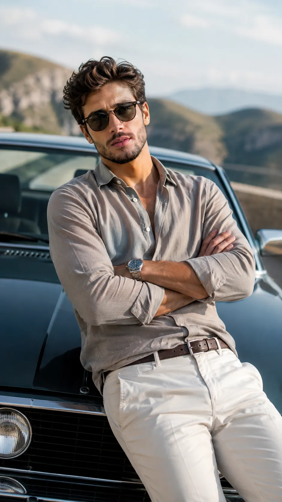 Man Reclining Against Car Hood, Face Clearly Visible