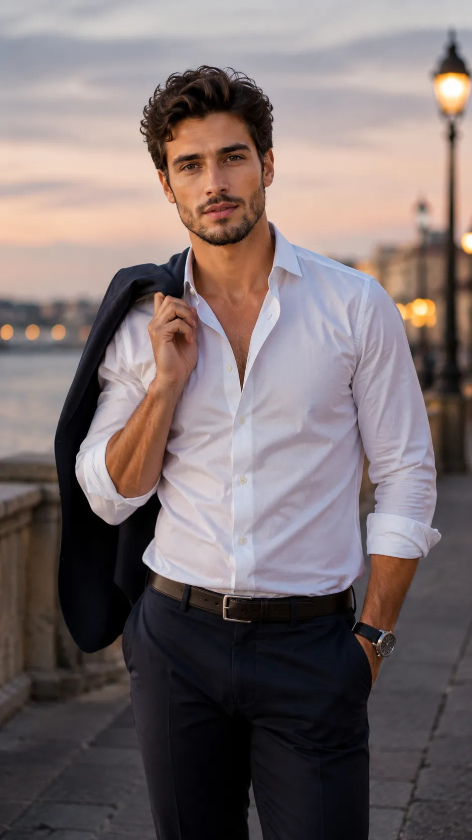 Man Standing with Jacket Slung Over Shoulder, Face Visible