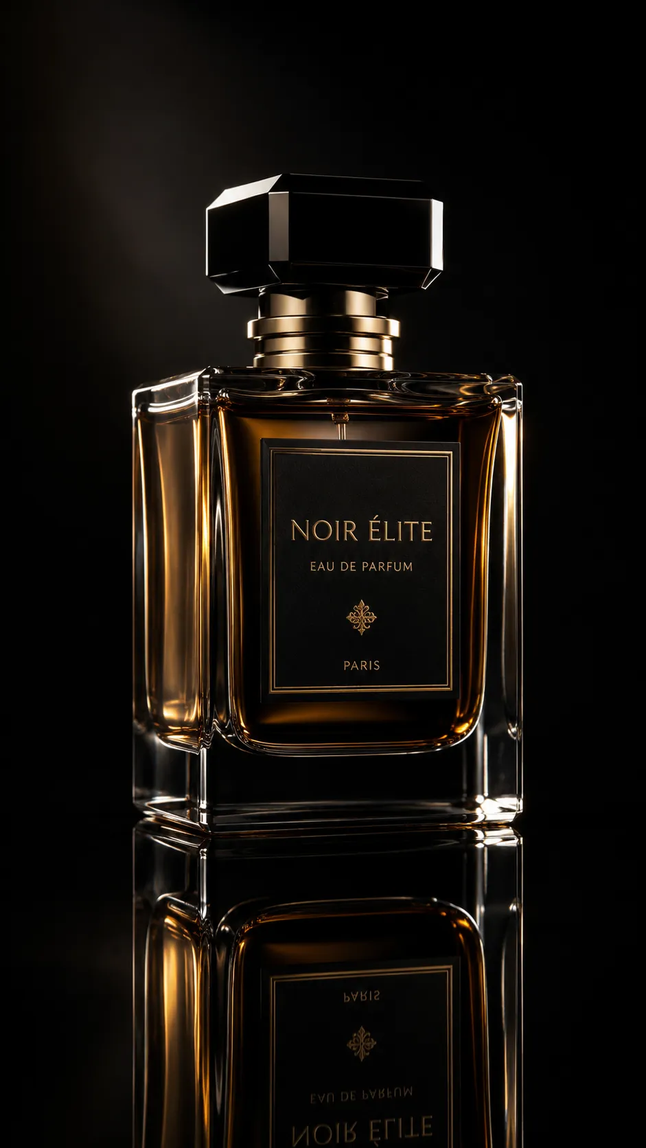 Perfume Bottle on Reflective Surface with Dramatic Lighting