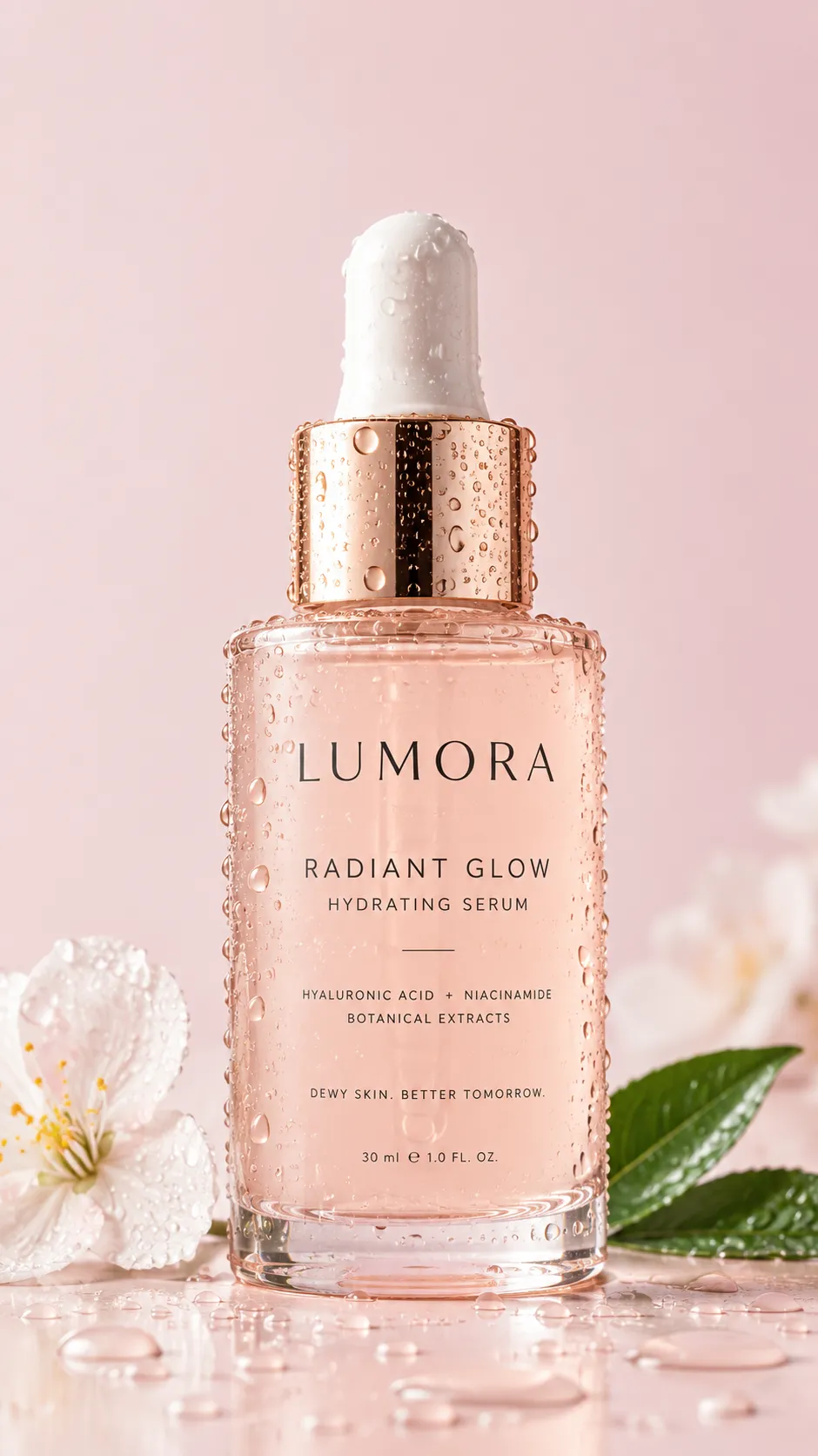 Skincare Bottle with Water Droplets on Soft Pastel Backdrop
