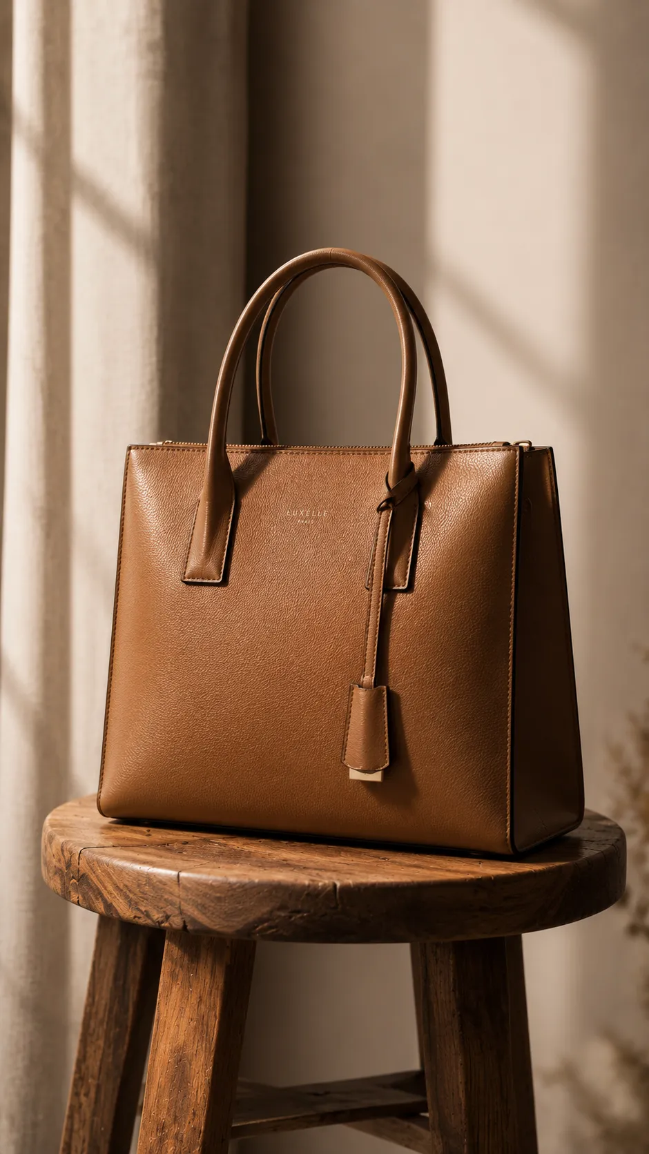 Leather Handbag on Wooden Stool with Soft Window Light